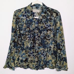 Double D Ranch sz. L Floral Button Down Shirt Top Sheer Pearl Snap Western Wear